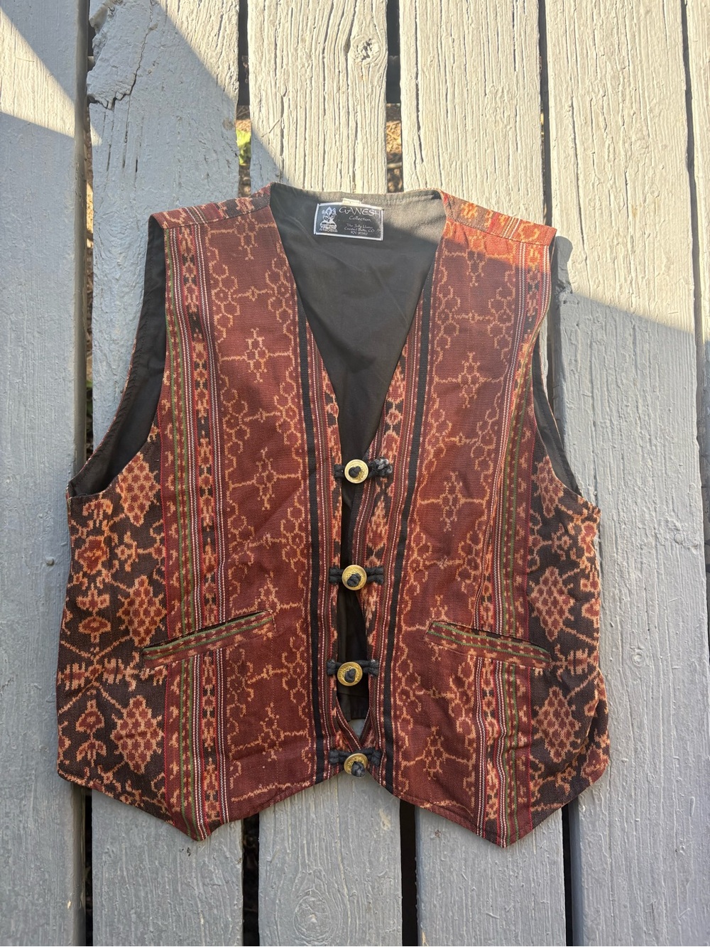 Ganesh Brown Patterned Men's Vest with Decorative Buttons